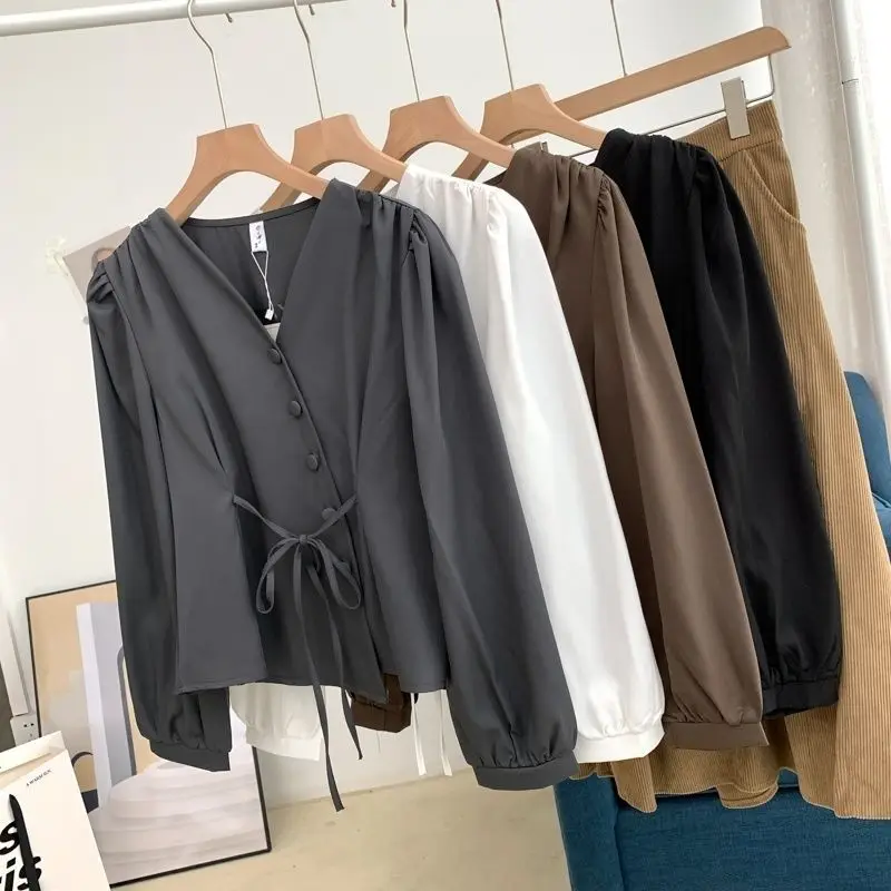 Spring Summer New Irregular Chiffon Blouse V Neck Solid Color Loose Lacing Shirt Tops Simplicity Fashion Women Clothing