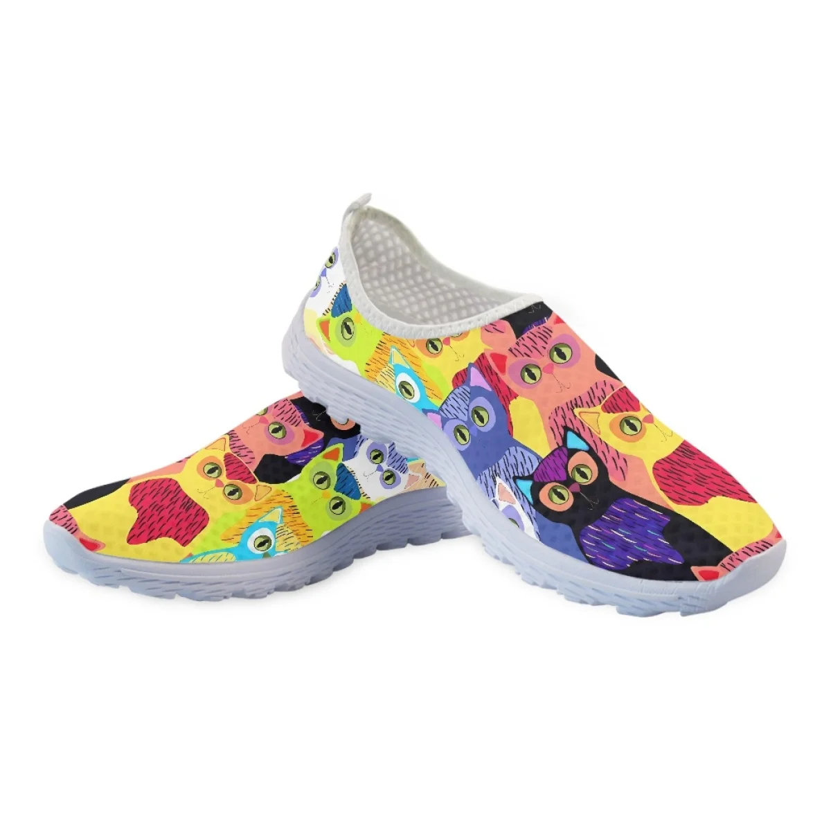 Colorful Cartoon Print Cat Ladies Spring Summer Mesh Shoes  Lightweight Indigenous Art Design Sneakers Classic Walking Footwear