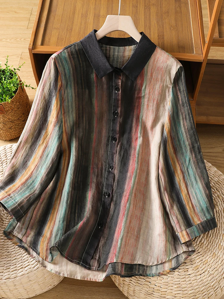 Retro Cotton Linen Gradient Stripe Print Women's Shirt Summer New Fashion Casual  Collar Single Button Top Breathable