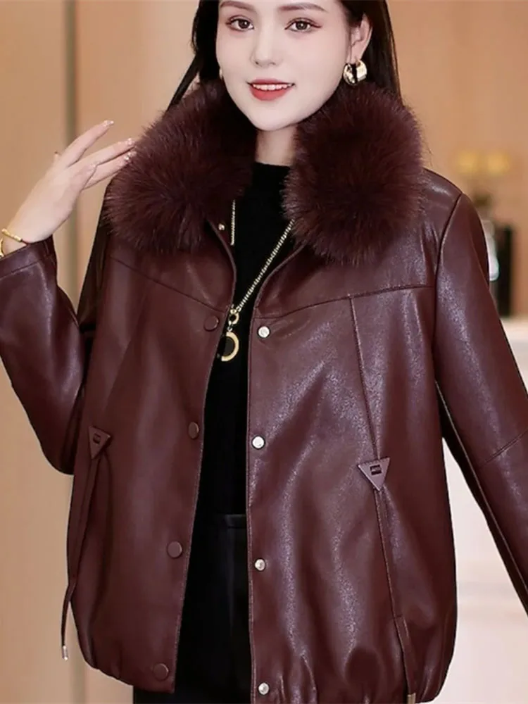 2026 خريف شتاء جديد انفصال الفراء طوق والمخملية مبطن السيدات بولي معطف معطف جلد حجم كبير فستان قصير الأم سترة