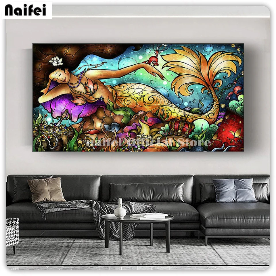 Big Size Cartoon Mermaid Full Square Round Drill Diy Diamond Painting Cross Stitch Kits Diamond Mosaic Embroidery Wall Art Decor