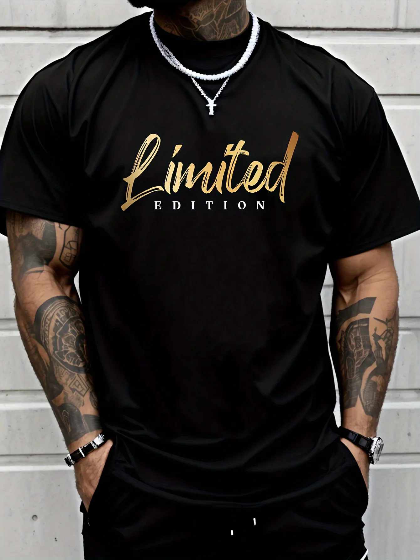 

Men's casual cotton blended T-shirt, printed with "limited edition" pattern lightweight machine washable geometric pattern top