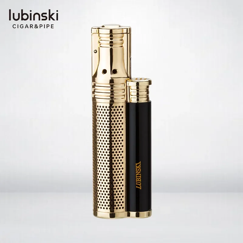 LUBINSKI Metal Single Fire Cigar Special Lighter with Blue Flame Direct Spray Windproof Belt and Cigar Drilling Collection Gift