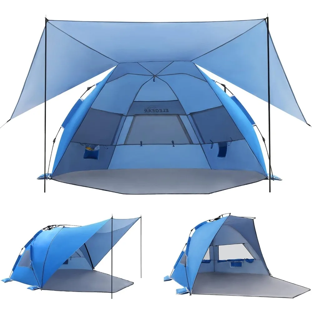 Elegear-Tenda de Praia com Dossel Removível, Pop Up Sun Shade Shelter, Instalação Automática, Duplo Prata, UPF 50 +, 4-6 Pessoa, 360 °