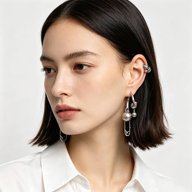 Vintage Distressed Copper Alloy Ear Jewelry Accessories Unisex Women Men Safety Pin Ball Hoop Earcuff Set Trendy Avant-Garde Ear
