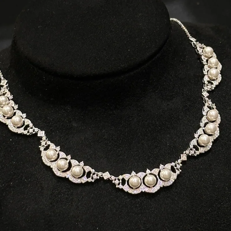 Luxurious and Exquisite Lace Pearl Necklace Bracelet Radiant Court Style Inlaid Diamonds Collar Chain Jewelry Sets