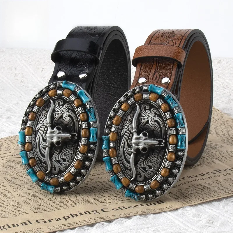 Fashionable Retro Men’s and Women’s Belts Trendy Unique Bullhead Buckle Practical and Durable Belts  Embossed Men’s Belts