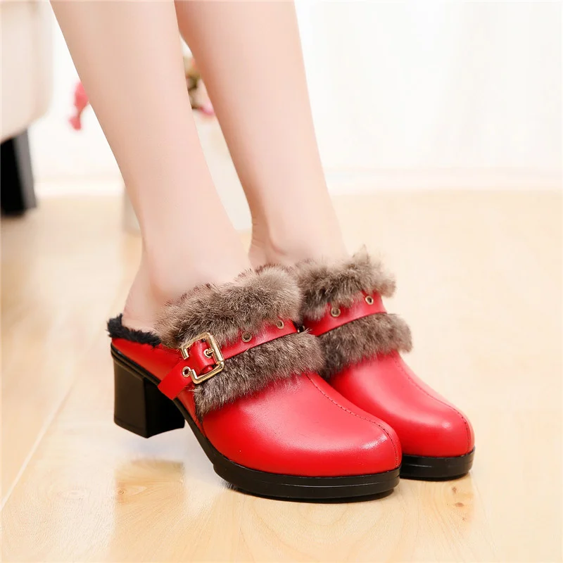 High Heel Cotton Slippers Female Winter Black Casual Cowhide Shoes Fashion Genuine Leather Slippers Women Luxury Indoors Mall