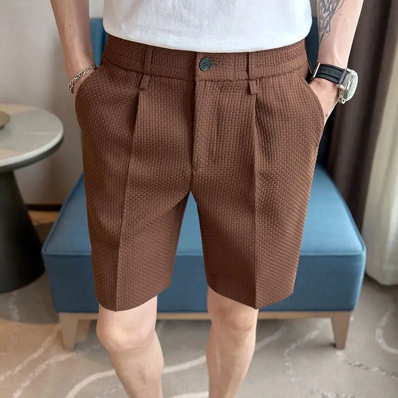 

2026 Mens Fashion Elastic Waist Knee Length Suit Shorts Summer Casual Comfortable Trendy Wear for Daily Outdoor Activities