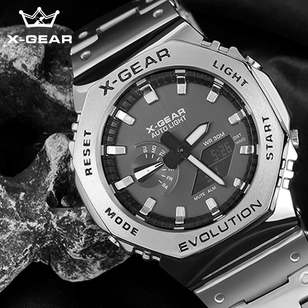 Montre numérique électronique unisexe X-GEAR Sports, bracelet en acier inoxydable, affichage LED double, multifonction, grand cadran en alliage