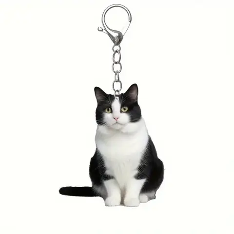 Cartoon Black White Cat Key Chain Double-Sided Animal Key Ring Charm Creative 2D Acrylic Bag Pendant Gift