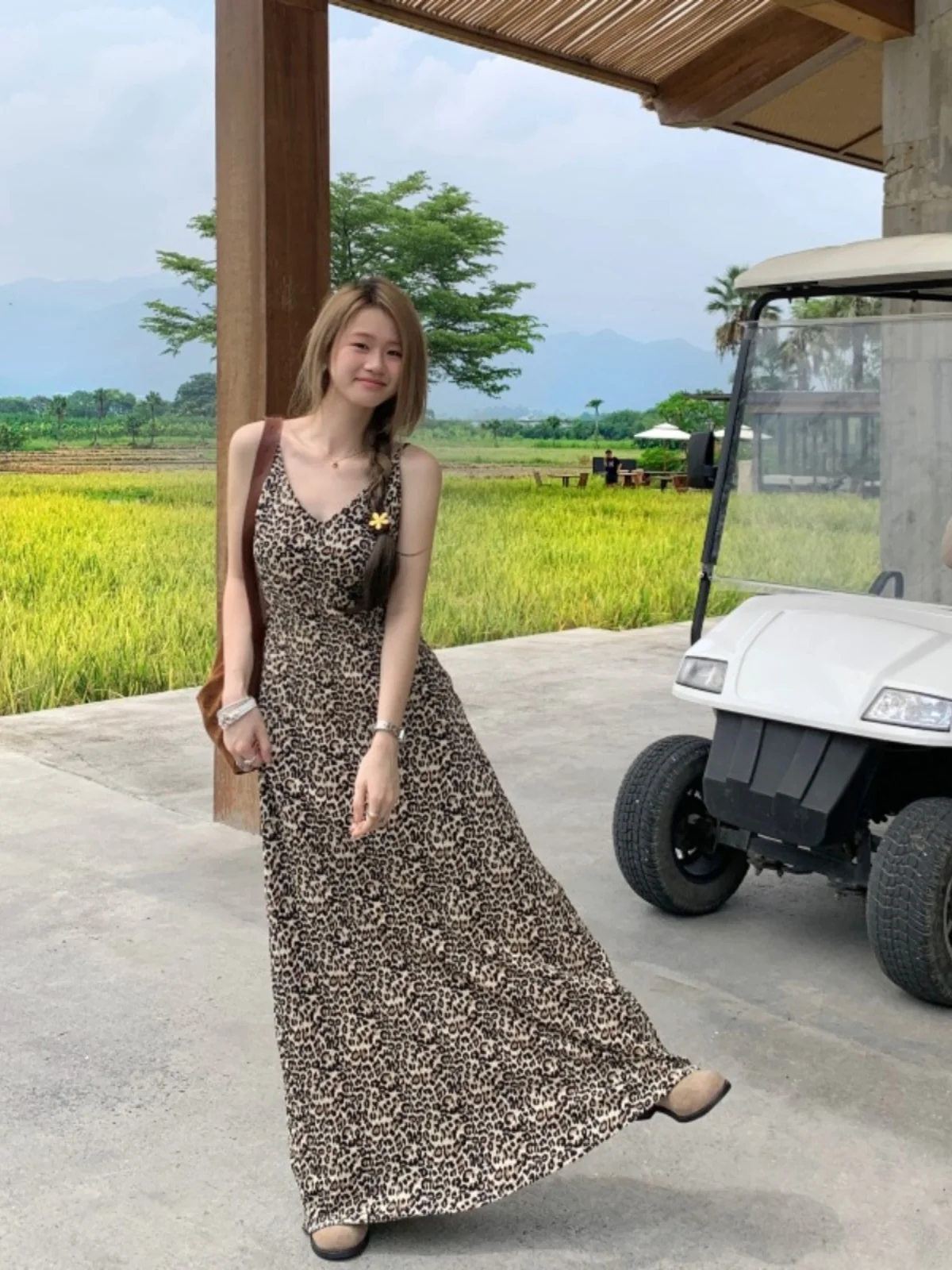 

plus Size Women's Vintage Leopard Print Strap Dr Ankle Length Inner Wear Autumn New Sle Waist Cinching Long Dr