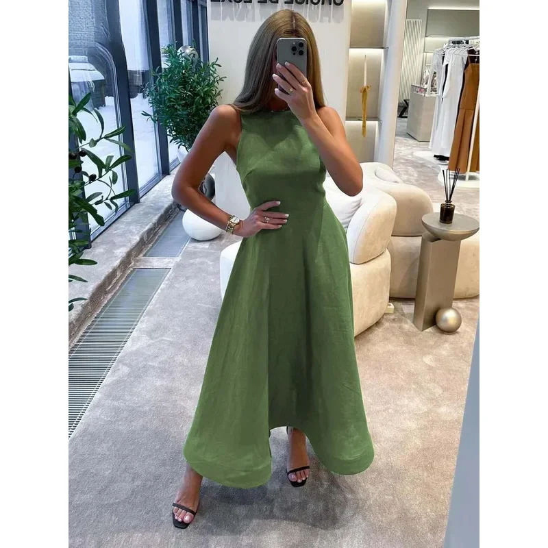 Bonny elegante abito da donna in cotone verde moda o-collo abiti senza maniche casual nuova vita alta a-line abiti a metà polpaccio femminile