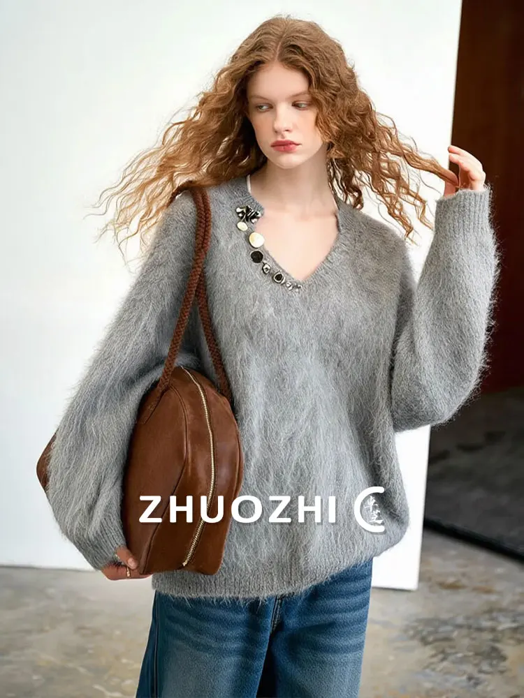 

ZhuoZhi Winter 2025 Women's Knitted Sweater Decorative Button Loose Fit Comfortable Warm Casual Sle French Sle round Ne