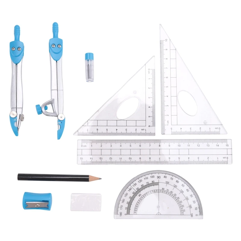 HJ-Geometry Compass Set 10Pcs School Maths Protractor Set Rulers For Student Maths And Engineering In Carry Case