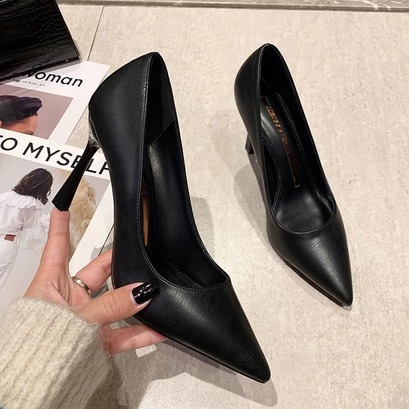 New Soft Leather Black Professional High Heels Female Stiletto All-match Flight Attendant Single Shoes Work Shoes Zaptos Mujer
