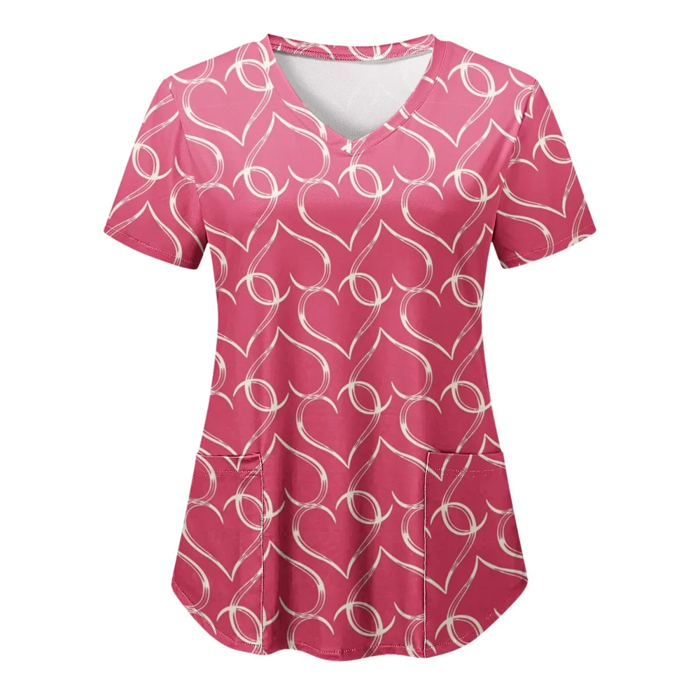 Uniforme medica per le donne Fashions cuore e lettera stampa manica corta Stretch scollo a v doppia tasca Top uniforme chirurgica donna