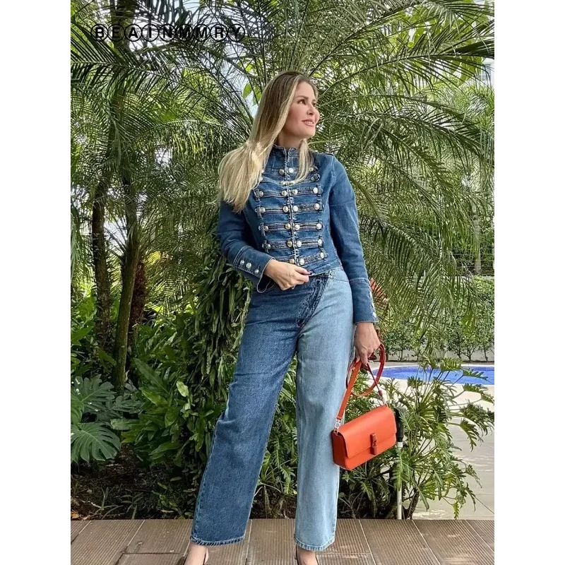 Vintage Street Denim Jacket Women's Short Coat Fashion Metal Buckle Stand Collar Long Sleeve Jean Jacket 2026 New Slim Outerwear