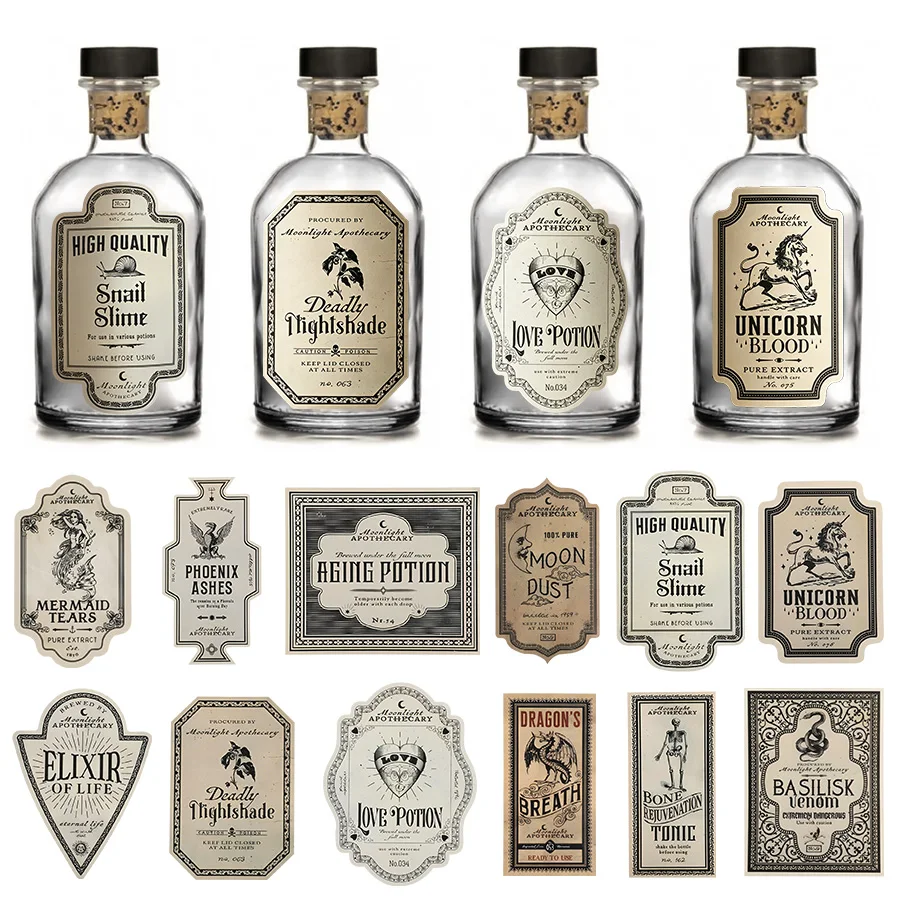 12pcs Halloween Retro Witch Graffiti Potion Stickers Wine Bottle Drink Labels Sticker Happy Halloween Party Horror Decoration