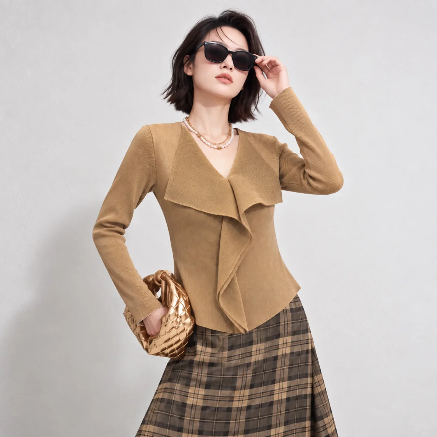 Miyake Women Pleated V-Neck Ruffle Blouse 2026 New Long Sleeve Slim Fit Vertical Pleat Top