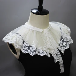 Pleated Mesh Tulle Fake Collar Shawl Necklace Sweet Embroidery Floral Lace Wavy Trim Half Shirt Dickey Lace-Up Poncho