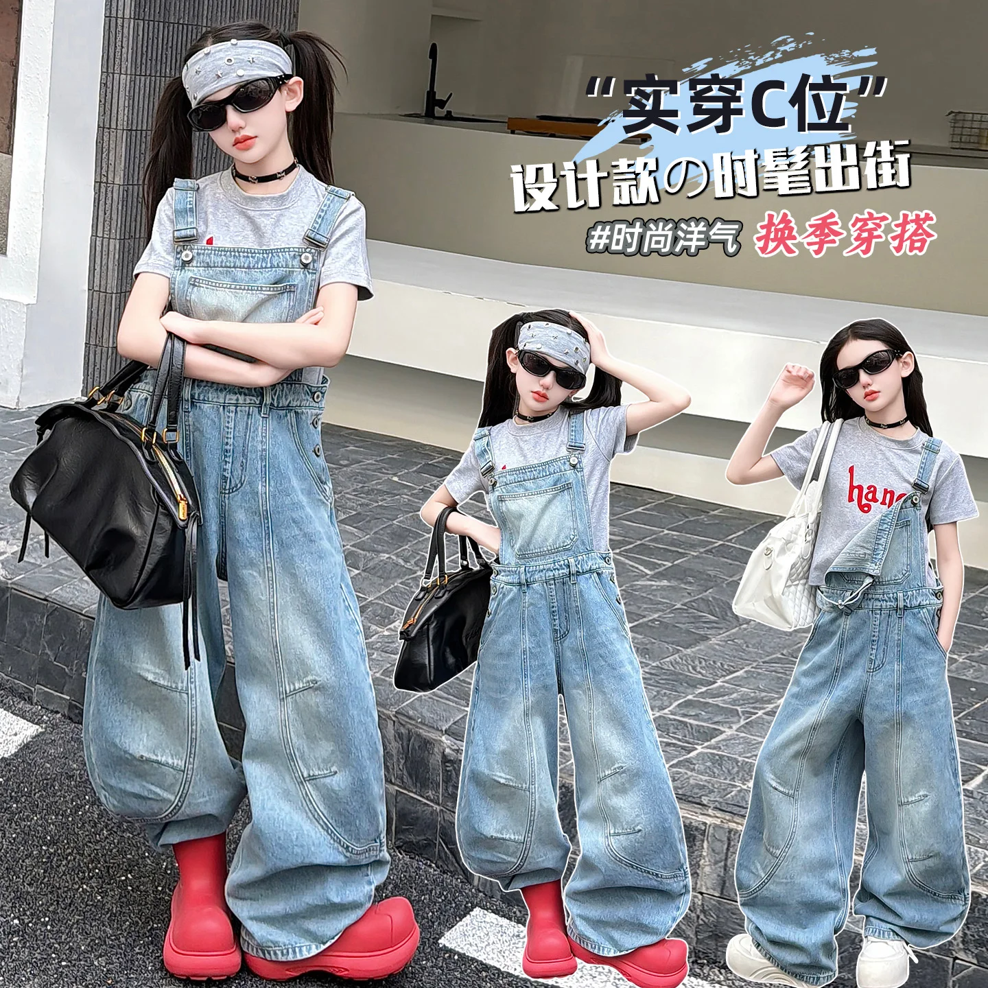 Girls Clothes Sets Size 6-14Y Spring Girls Fashion Short Slevess Tee+Blue Denim Jumpsuit Clothes 2 Pc Child Casual Daily Outfit