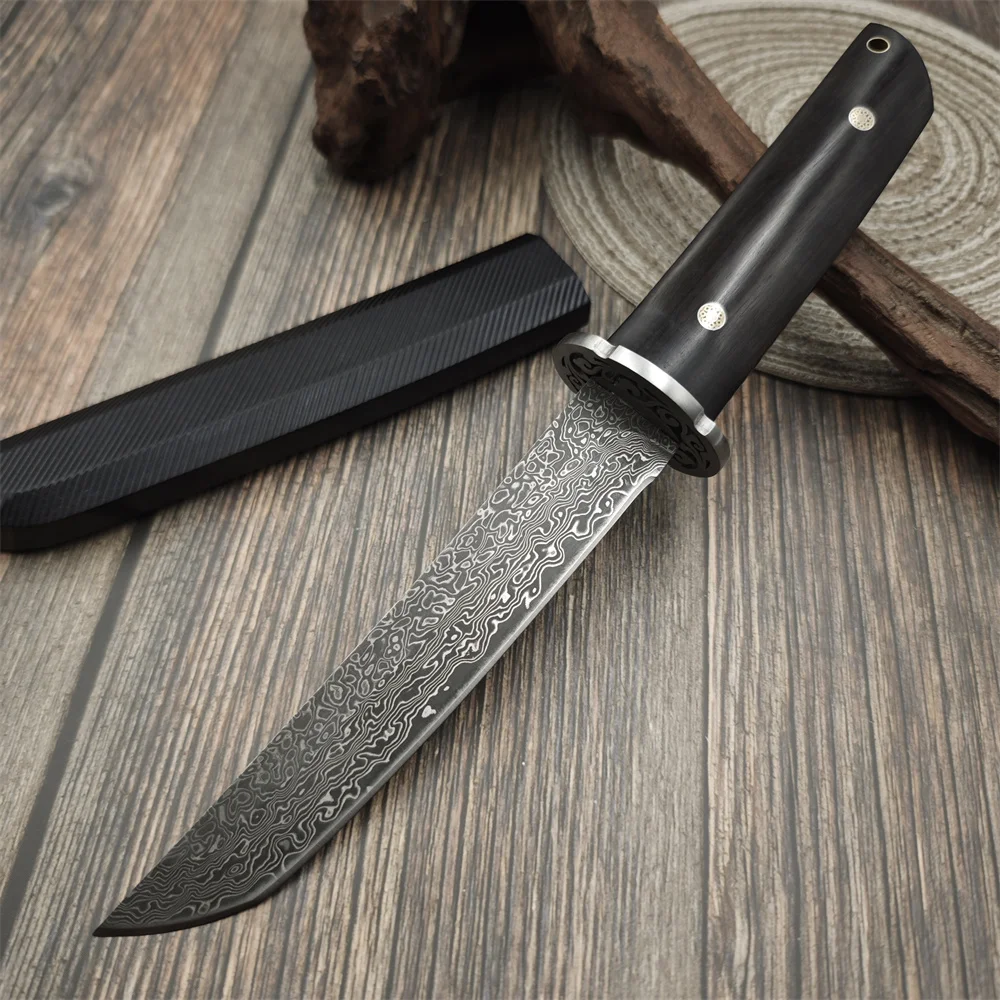 

Нож с клинком из дамасской стали VG10 высокой твердости, рукоять из эбенового дерева, карманный нож, инструмент для выживания, походный нож, нож для путешествий и альпинизма.