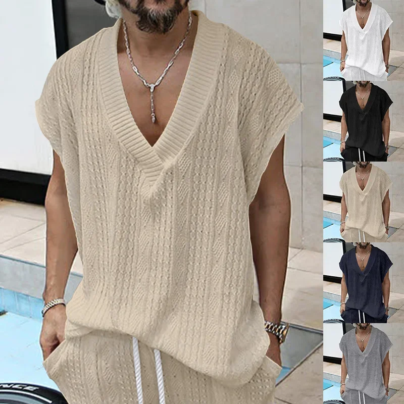 Fashion spring and summer jacquard new men's casual large V-neck loose solid color T-shirt knitted fashion vest sports top