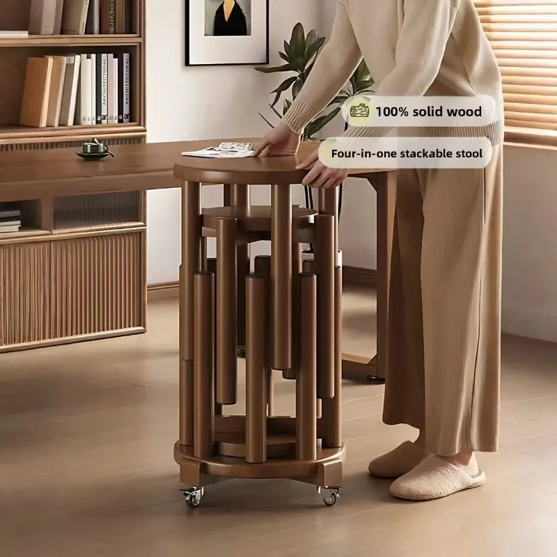 4-piece combination of solid wood round stools, stackable for storing dining stools, living room stools, and pulley bases