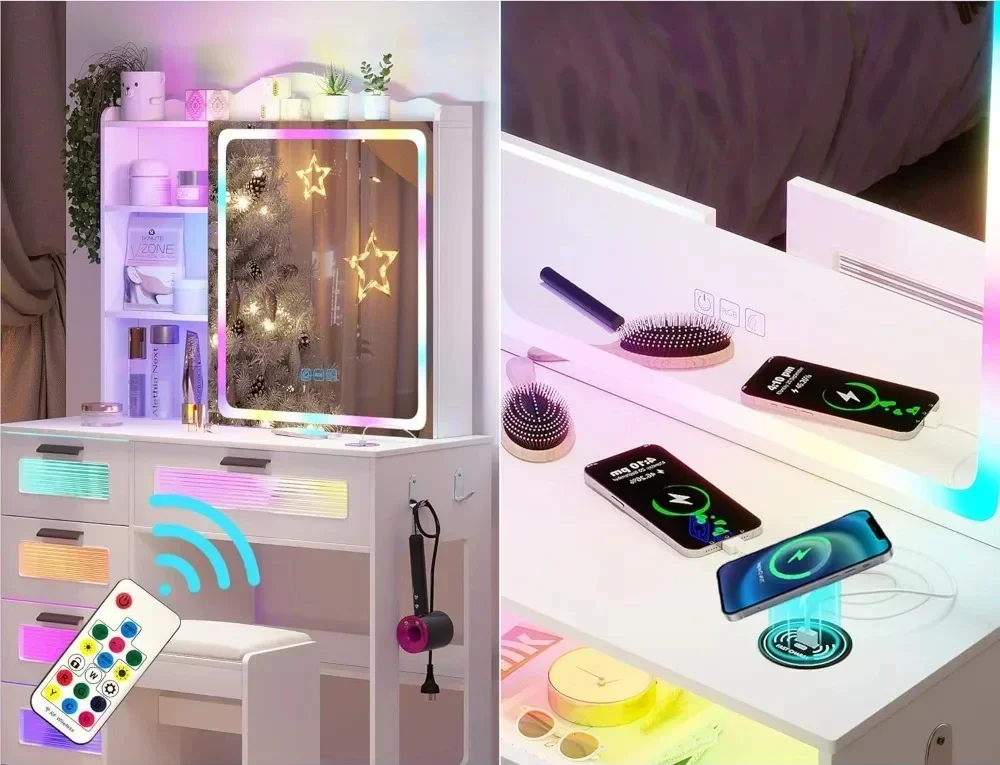 Sliding Vanity Mirror, Makeup Vanity Desk with Charging Station, Vanities Dressing Table with Stool with Light