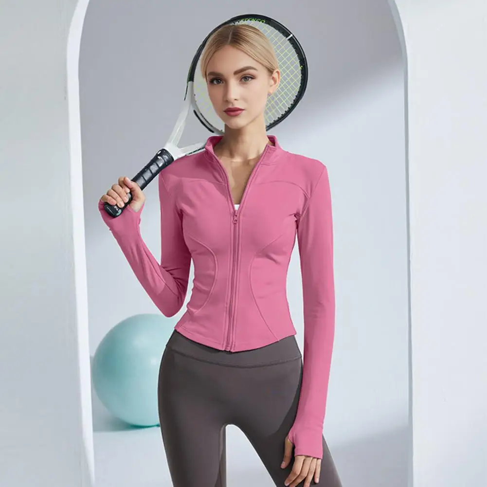 Stretchy Quick Dry Workout Shirts, Women Long Sleeve Full Zip Crop Sportswear, Slim Fit for Yoga Running and Daily Gym Training