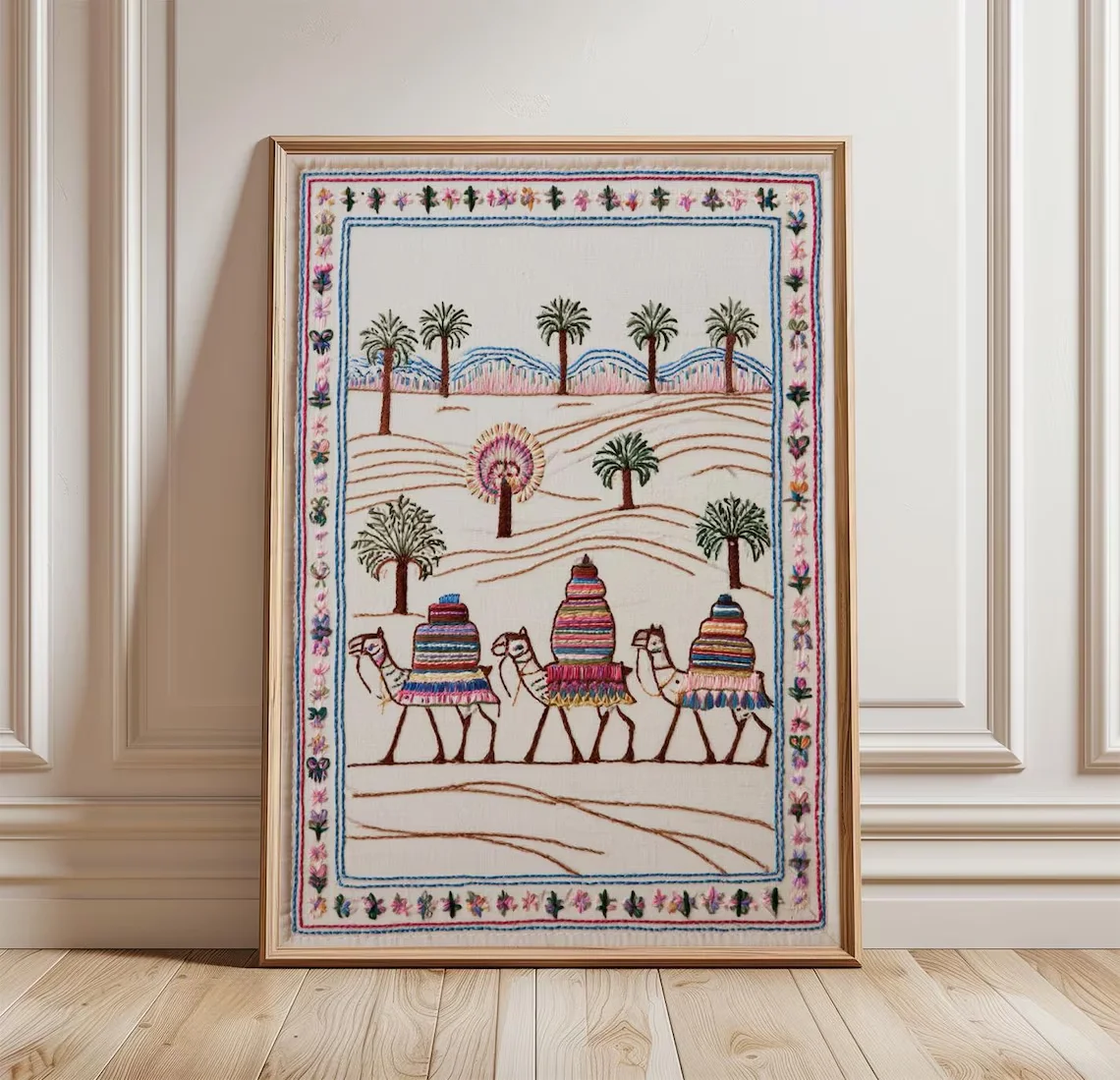Desert Caravan Poster, Camel Folk Art Wall Print, Boho Textile Decor