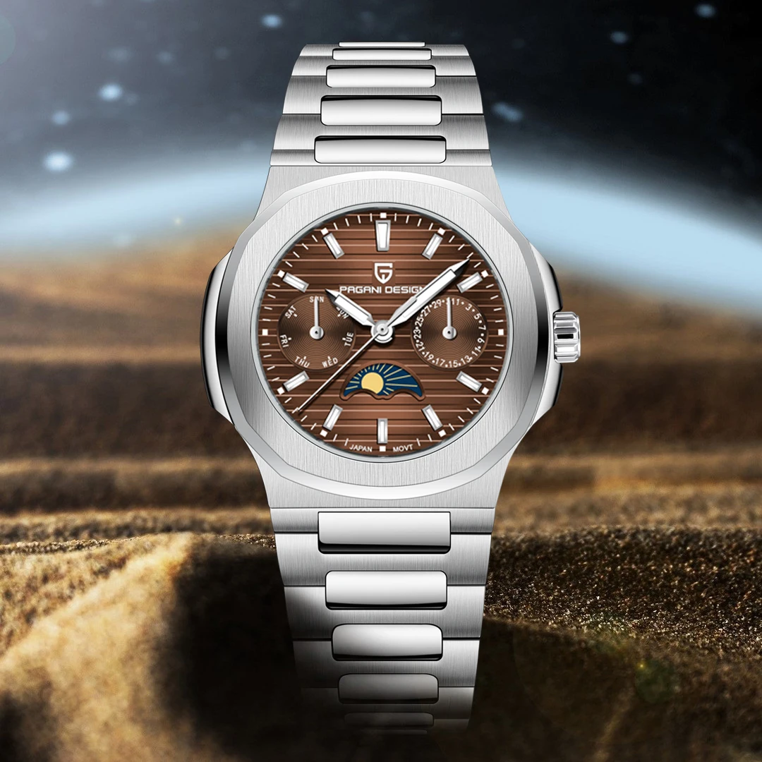 

PAGANI DESIGN 2026 новые роскошные кварцевые часы для мужчин, многофункциональный хронограф с фазой Луны, автоматические наручные часы с датой и неделей для женщин