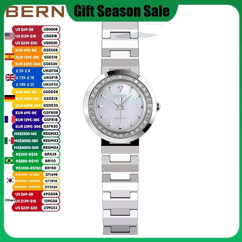 BERNY Women Quartz Watch Luxury Stainless Steel Waterpoof Sapphire Relogio Saat Business Feminino  Femme Wristwatches for Ladies