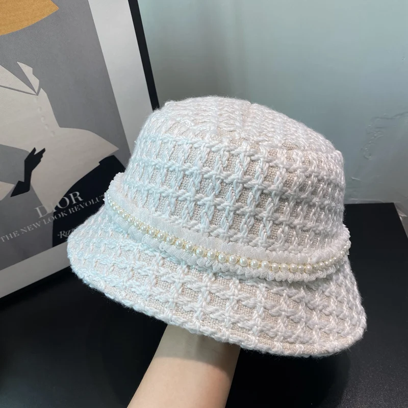 

Осенне-зимняя элегантная рыбацкая шапка с жемчужным кружевом, женская вязаная панама