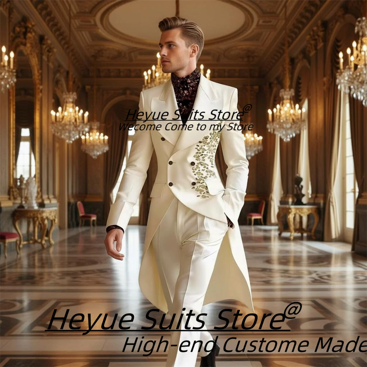 

Handsome Long Men Suits Customized Luxurious Embroidery Groom Wedding Tuxedos Male Party Blazers 2 Pieces Sets Costume Homme