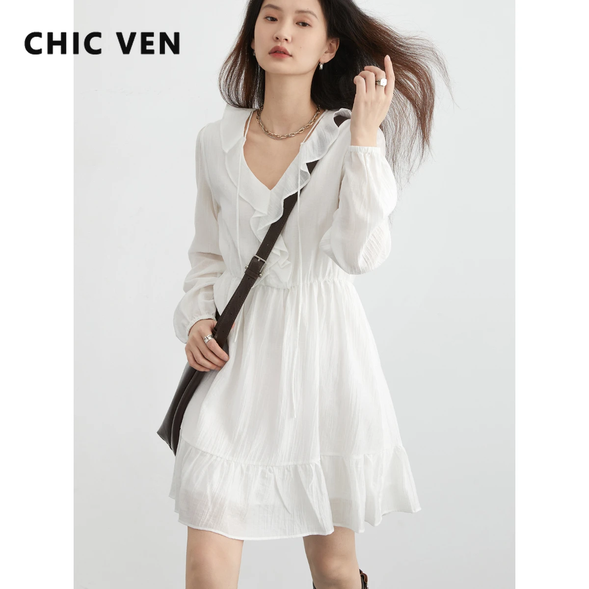 CHIC VEN Korean Women Dresses New V-neck Loose Casual Ruffle Edge Mid Length A Line Female Pullover Dress Spring Autumn 2024