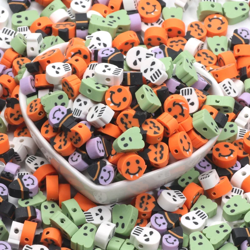 20/50pcs Polymer Clay Beads Halloween Pumpkin Hat Skull Pattern Beads Used For Jewelry Making Bracelets Holiday Decoration Beads