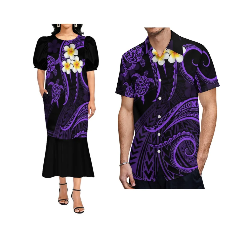 Customized Patterns Available For Wholesale Of Polynesian-Style Couple'S Long Pleated Sleeveless Dress With Pockets For Ladies