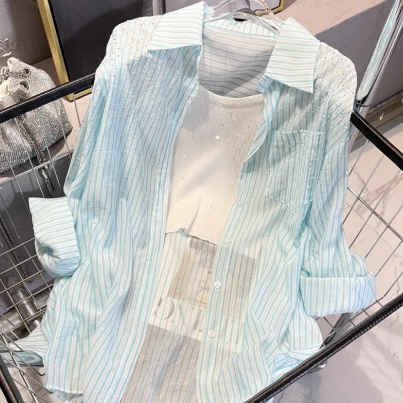 Thin Striped Starry Sky Rhinestone Cool Long-Sleeved Blouse for Women Ice Blue Sun Protection Shirt 2023 New Summer Camisas Tops