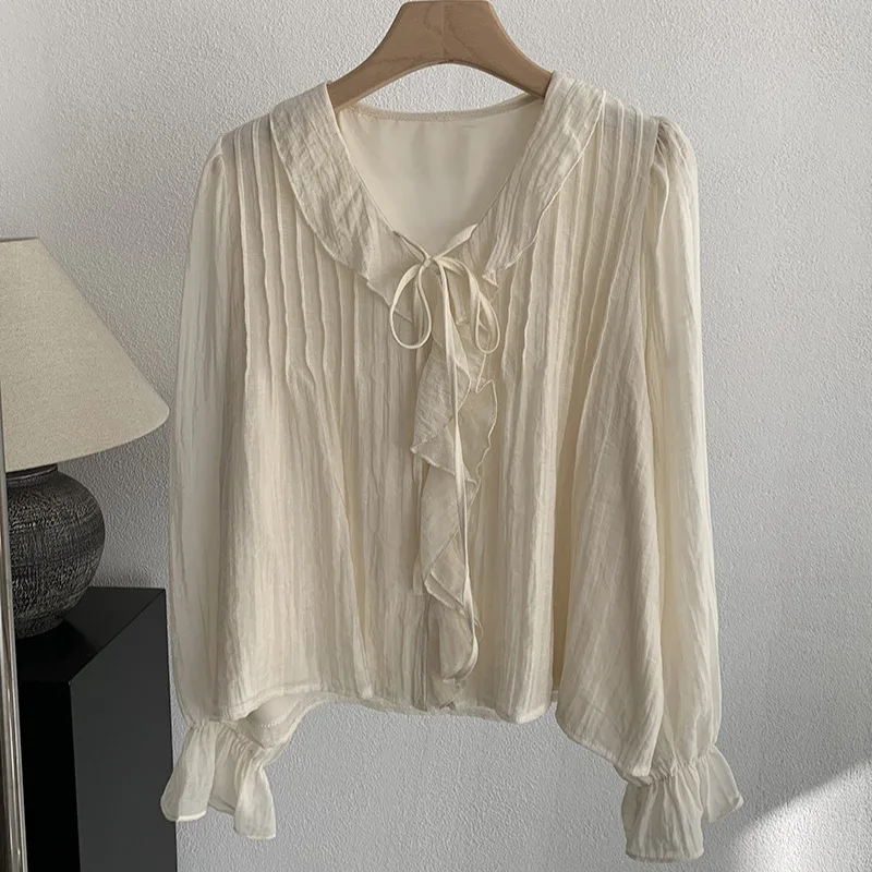 

2026 Spring New V-Neck Ruffle Shirt Women Elegant Pleated Design Top Chic Long Sleeve Blouse French Style All-Match Tops