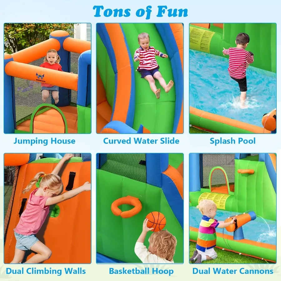 Corrediça de água inflável, castelo de salto de parque aquático infantil com grande piscina de respingo, 2 paredes de escalada e canões, escorregadores de água infláveis fo