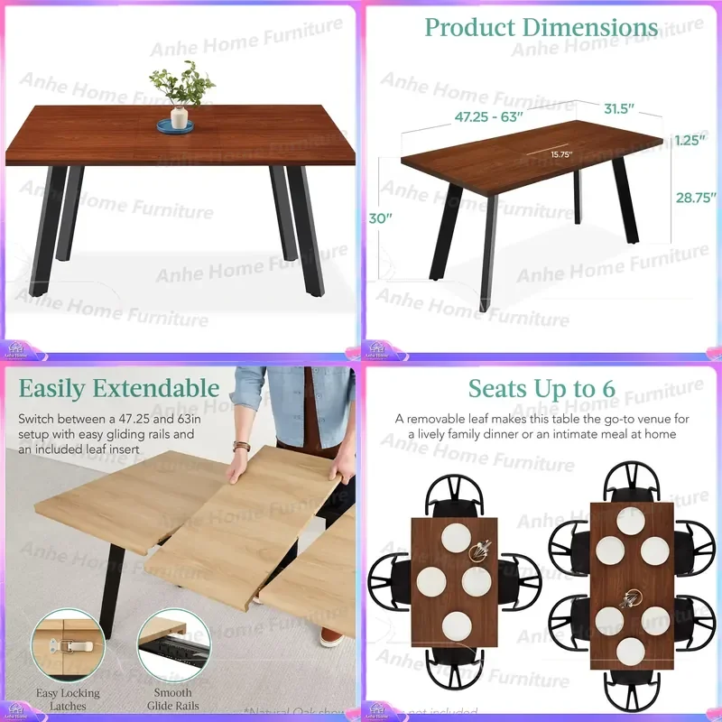Modern 47-63 Inch Expandable Brown Metal Dining Table for 6 People Extended Kitchen Dining Table 132 Pounds Capacity Coffee