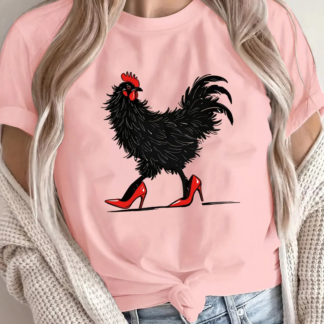 Summer Women's Rooster Pattern Print TShirt Unisex Cotton and Breathable Short Sleeve Streetwear Oversized Loose Casual