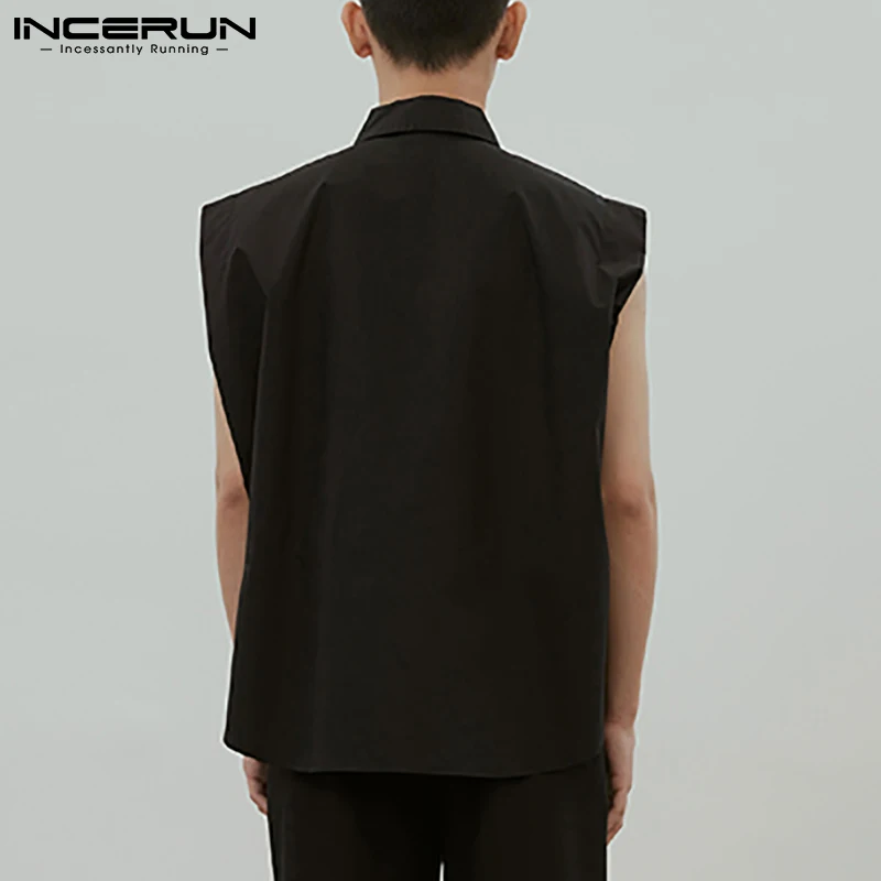 INCERUN 2024 Men Shirt Lapel Sleeveless Button Solid Color Loose Camisas Streetwear Breathable Fashion Casual Men Vests S-5XL