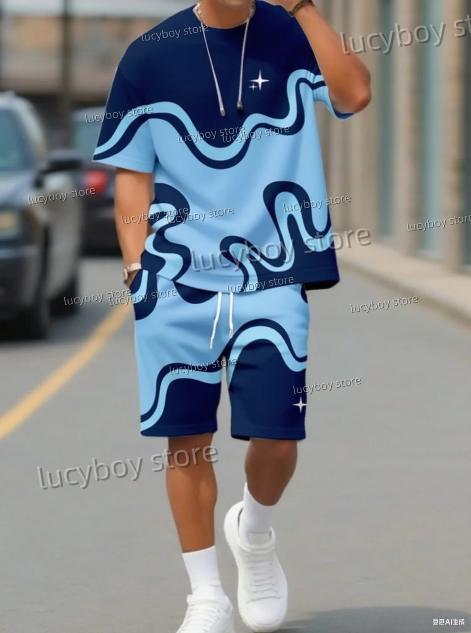2025 Summer Men 3D digital wave  Print Set Short Sleeve T-Shirt Shorts Set Adult Sport Jogging Plus Size Tracksuit 2 Piece Set