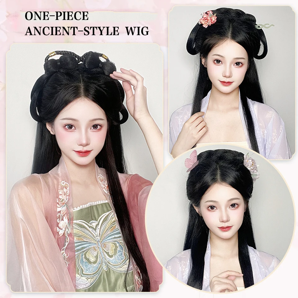 Synthetic Hanfu Wig Chinese Ancient Wigs for Women Headdress Photography Dance Accessory Long Straight Black Wigs With Headgear