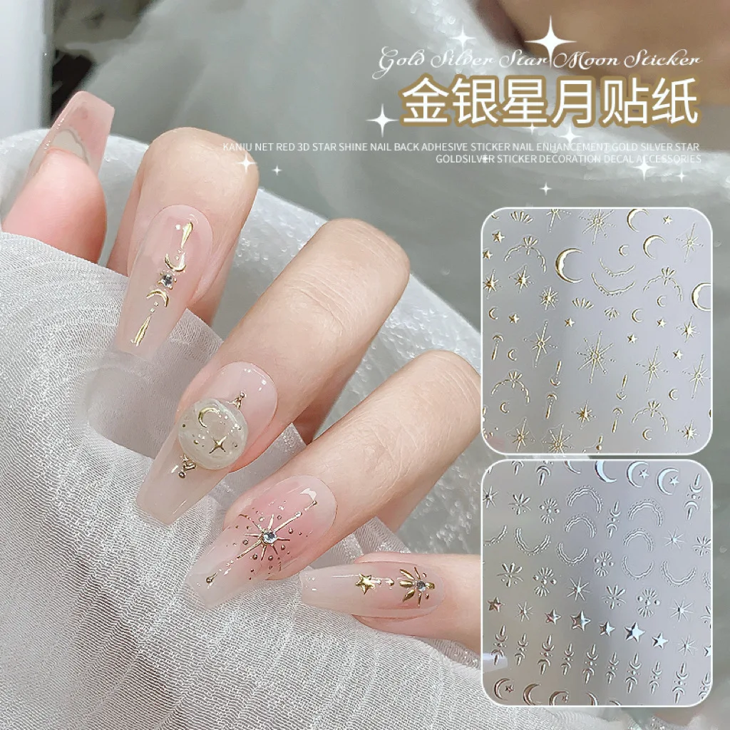 Bronzing Gold Silver Star Moon Sun Nail Art Sticker 3D Laser Occult Semiotics Pattern Decal Self-Adhesive Slider Polish Stickers