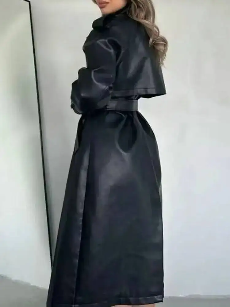 2025 جديد أزياء المرأة البريطانية أنيقة اضافية طويلة جلد صناعي أسود معطف واقٍ من المطر حزام الإناث خمر الفاخرة مصمم السترات