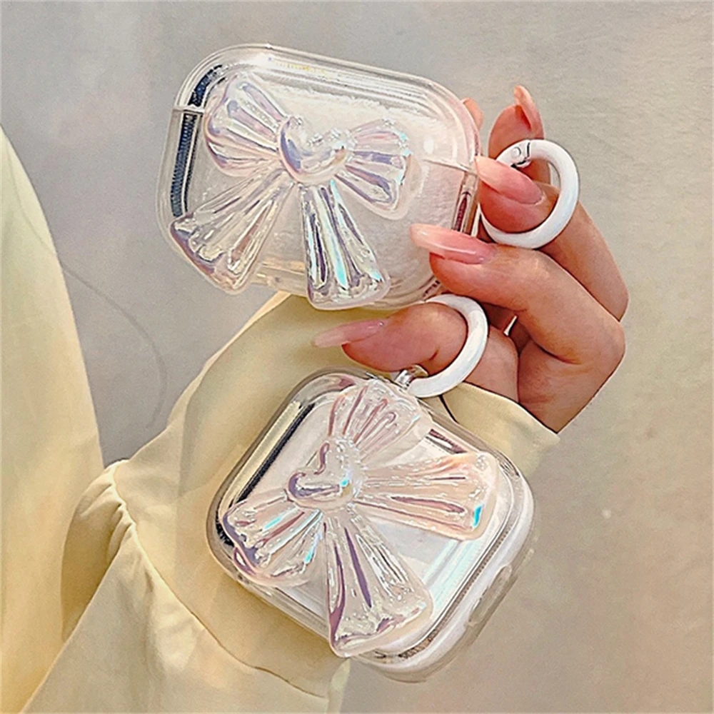 Funda de auriculares transparente con lazo grande láser 3D para AirPods, carcasa protectora con llavero, cubierta suave, 1, 2, 3, Pro 2